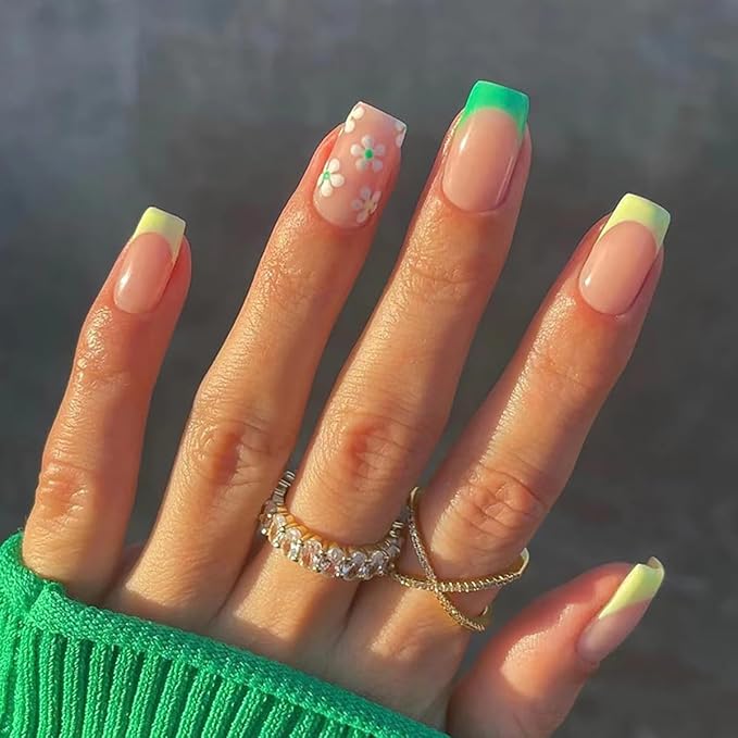 6 Packs (144 Pcs) Press on Nails Medium, Jsiallye French Tip Press on Nails with Flower Design Square, Glue on Nails in 12 Sizes - 24 Fake Nails Kit, Summer Collection Stick on Nails for Women