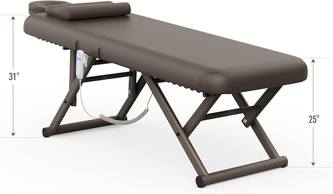 pouseayar Adjustable Massage Table with Face Pillow & Headrest, Sturdy and Solid, Silent and Easy to Adjust - Adjustable Backrest, Electric Leg Lifting, Brown
