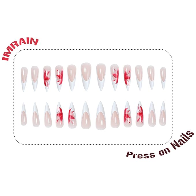 IMRAIN Long Stiletto Press on Nails White French Tips Fake Nails with Red Flower Designs Full Cover Glossy Artificial Gel False Nails for Women 24Pcs