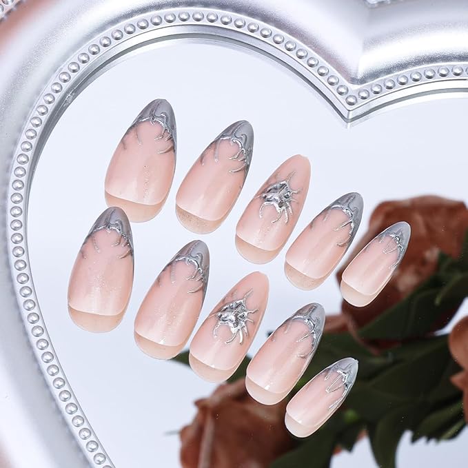 24Pcs Silver French Tip Press on Nails Medium Almond Fake Nails 3D Silver Chrome False Nails Artificial Heart Glue on Nail Y2k Punk Acrylic Nails Gothic Stick on Nail for Women Manicure Decorations