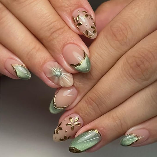 24Pcs Press on Nails Short Almond Fake Nails Nude with Gold Flower Design French Tip False Nails Glitter Stick on Nail Full Cover Cute Glue on Nail Acrylic Art Kit for Women DIY Manicure Kit