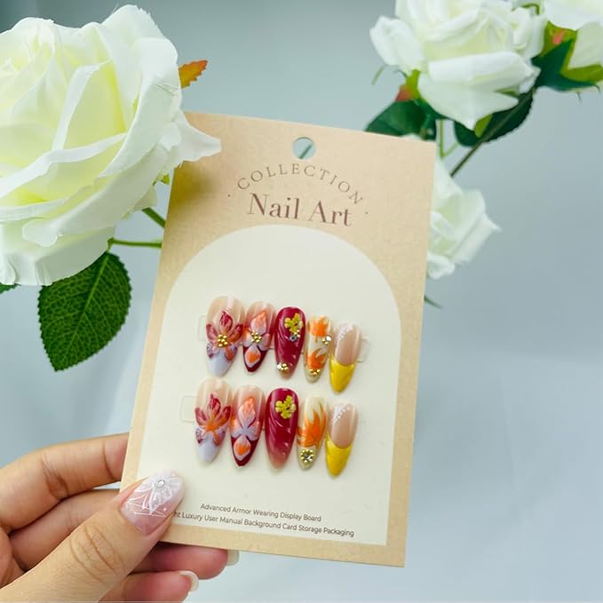 30Pcs Fall Press on Nails Medium Almond French Tip Fake Nails with Gold Star Gem Design Autumn Maple Leaf False Nails Cute Flower Acrylic Nail Thanksgiving Glue on Nail for Women Manicure Accessories