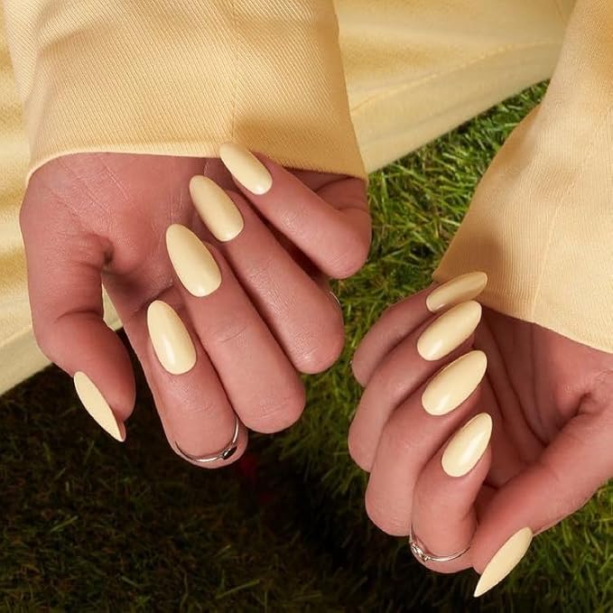 WOOYAS Press on Nails Medium - Creme Light Yellow Almond Fake Nails Solid Color Glossy False Fingernails in 15 Sizes, Long Stick on Nails for Women - 24Pcs