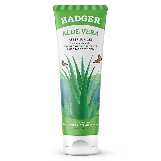 Badger Organic Aloe Vera Gel for Face & Body, 96% Pure Unscented Organic Aloe Gel for Cooling, Soothing, Non-Sticky Sunburn Relief, Vegan, Fair Trade & Hypoallergenic, 4 fl oz