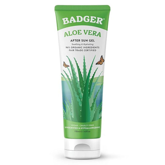 Badger Organic Aloe Vera Gel for Face & Body, 96% Pure Unscented Organic Aloe Gel for Cooling, Soothing, Non-Sticky Sunburn Relief, Vegan, Fair Trade & Hypoallergenic, 4 fl oz
