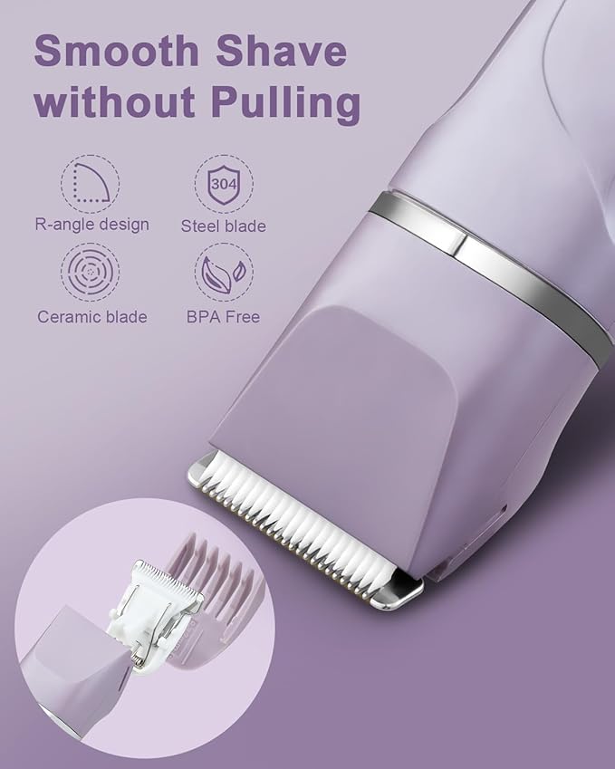 Bikini Trimmer for Women Painless Electric Razor for Women,3 in 1 Pubic Hair Trimmer,USB Recharge Dock,Replaceable Ceramic Blade Heads,IPX7,Personal Shaver Kits,Purple