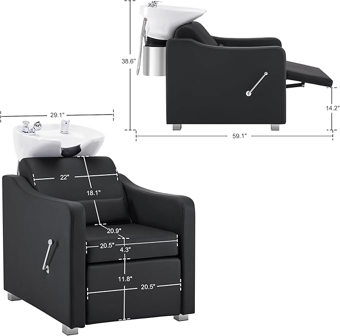 BarberPub Backwash Shampoo Station Chair, Adjustable Porcelain Ceramic Hair Wash Bowl with Chair, Shampoo Station for Barber Shop, Spa Beauty Salon Equipment 9364 (Black)