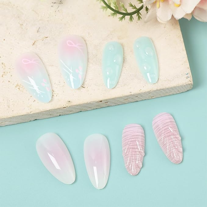 24pcs Cute Press on Nails Medium Almond Fake Nails with 3D Designs Summer False Nails Kit Flower Glue on Nails Bow Acrylic Nails Gradient Full Cover Stick on Nails for Women Beach Nail Decoration