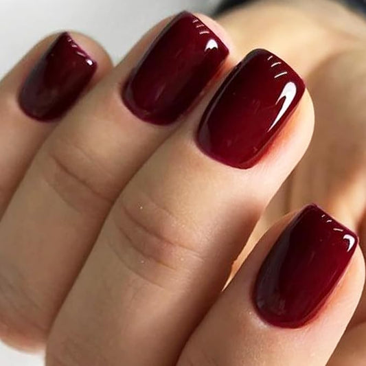 GLAMERMAID Dark Red Press on Nails Extra Short Square, Winter Handmade Jelly Soft Gel on Nails Burgundy Fake Nails, Glossy Red Stick Glue on Nail Reusable Acrylic False Nails Manicure Kits for Women