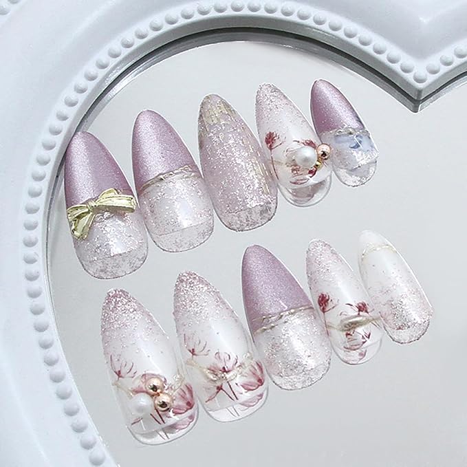 24Pcs Purple Press on Nails Medium Almond Fake Nails 3D Bow Pearl with Flower Glitter Design Full Cover Tip Stick on Nails Artificial Floral Glue on Nails Spring False Nails for Women Acrylic Nails