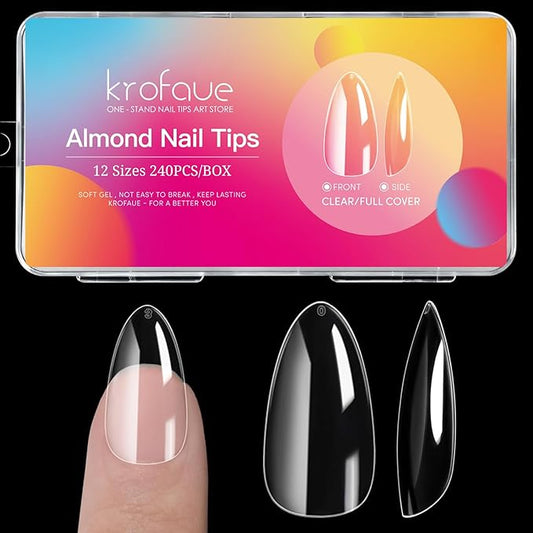 krofaue Short Almond Nails Tips 240Pcs 12 Sizes- Soft Gel Clear No Crease Pre-shape Oval Artificial Acrylic False Full Cover Press on Nails for Extension Home DIY Art