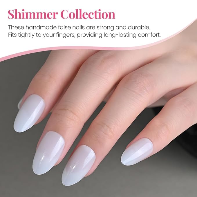 evpct Press on Nails Almond Short, White Glitter Shimmer Shiny Short Almond Fake Nails for Women Gift, Soft Gel Press Glue On Nails with Nail Glue, 30Pcs Reusable Acrylic Fake Nail Manicure Kit Set