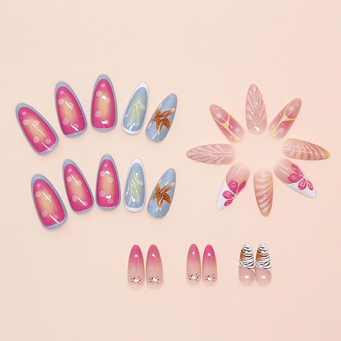 Summer Press on Nails Starfish Fake Nails Long French Tips False Nails Blue Orange Water Ripple Zebra Print Design Summer Glue on Nail Glossy Stick on Nail for Women Nail Art Accessories