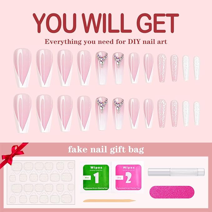 Yivaiks French Nude White Press on Nails Medium | Long Coffin Ballerina glitter Diamond Crystal Glossy Fake Acrylic Nails False Tips Manicure for Women and Girls…