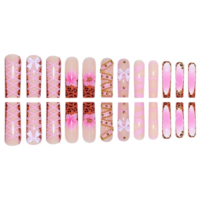 Long Square Press on Nails French Tip Fake Nails Pink False Nails with Bow Designs Floral Artificial Nails Stick on Nails for Women 24pcs