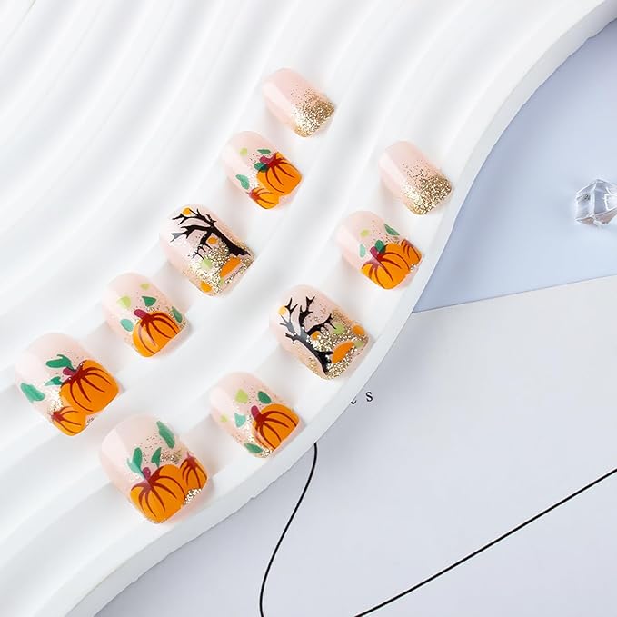 24Pcs Thanksgiving Press on Nails Short Square Fake Nails with Glitter Full Cover Fall Acrylic Nail Halloween Dead Tree Pumpkin False Nail Autumn Leaves Stick on Nails for Women Nail Art Designs