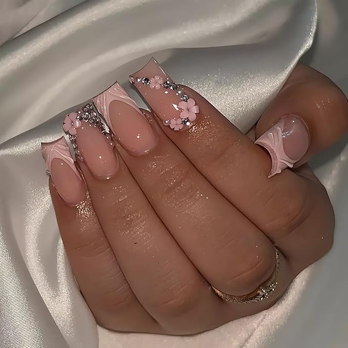 3D Press on Nails Long Square Fake Nails with Rhinestone Accents and Floral Designs Glossy Pink French Tip Glue on Nails Spring Flower Stick on Nails for Women Girls, 24 Pcs