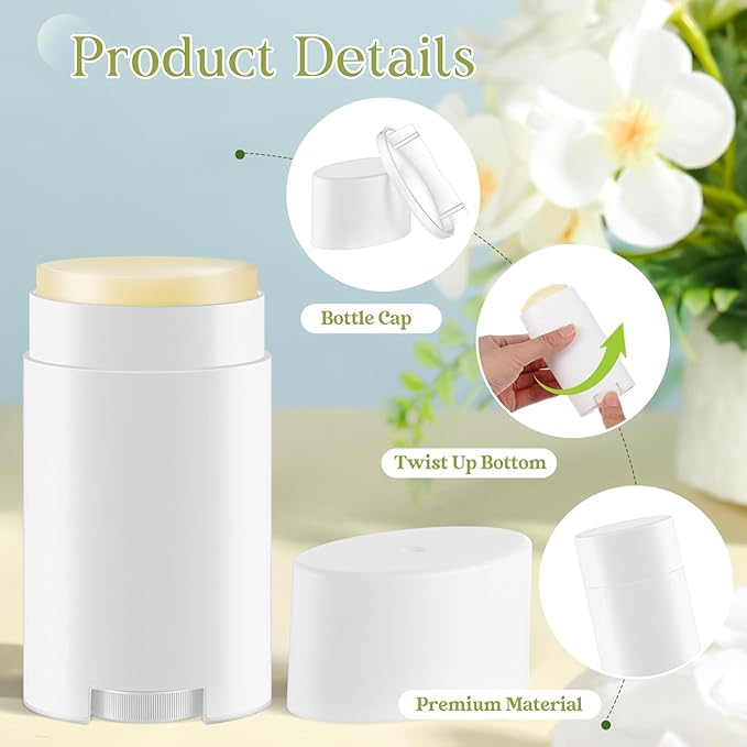 30 Pack 75ml/2.5oz Empty Deodorant Containers, Bottom Filling, White Plastic Oval Refillable Deodorant Containers Twist up Oval Lip Balm Tube for DIY Deodorants Lipstick Crayon Lotion