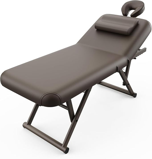 pouseayar Adjustable Massage Table with Face Pillow & Headrest, Sturdy and Solid, Silent and Easy to Adjust - Adjustable Backrest, Electric Leg Lifting, Brown