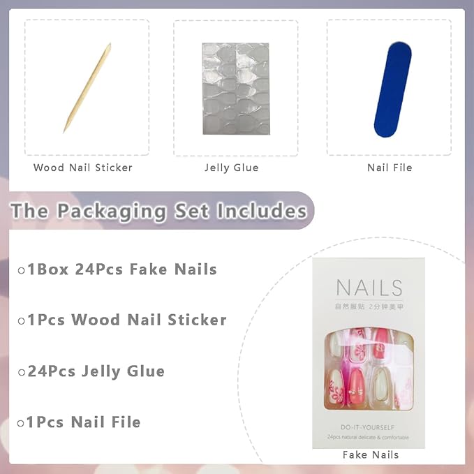 30Pcs Pink Flower Press on Nails Medium Almond Fake Nails with Pearl Designs 3D Water Ripple Glue on Nail Gold Irregular Lines Acrylic Nail Spring Summer Stick on Nails for Women Manicure Art Kit