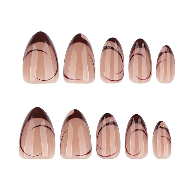 Brown French Tip Press On Nails Acrylic for Women - Designer Fake Nails Short Almond 24PCS, Glossy Soft Gel with Glue, Outdoor Picnic/Wedding/Party Reusable Glue On Nails Stick On Nails Gift