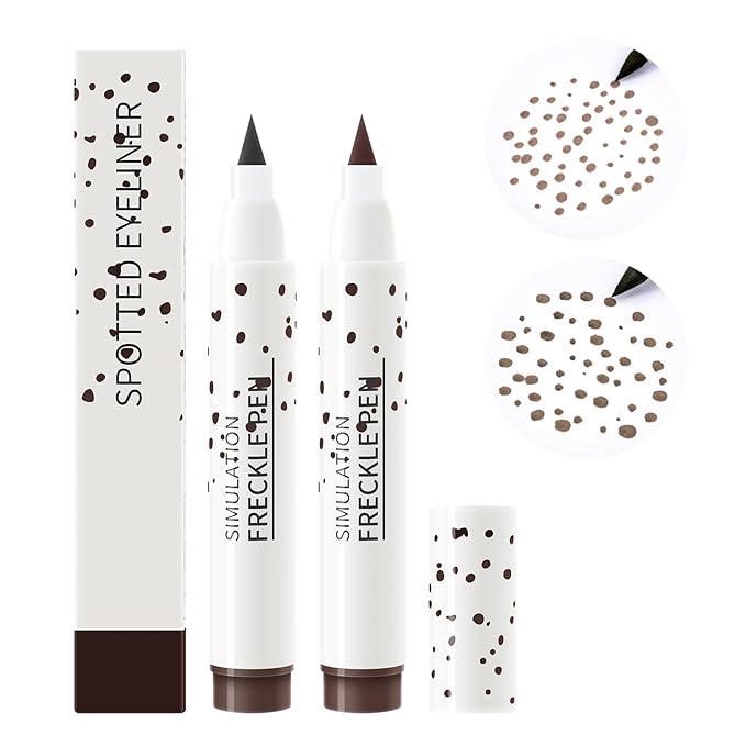 2 Pcs Freckle Pen Set, Natural Lifelike Faux Freckles Pen Waterproof, Long - Lasting and Quick Dry, Create Natural Sunkissed Skin Makeup for Beginners or Professional (Dark Brown+Light Brown)