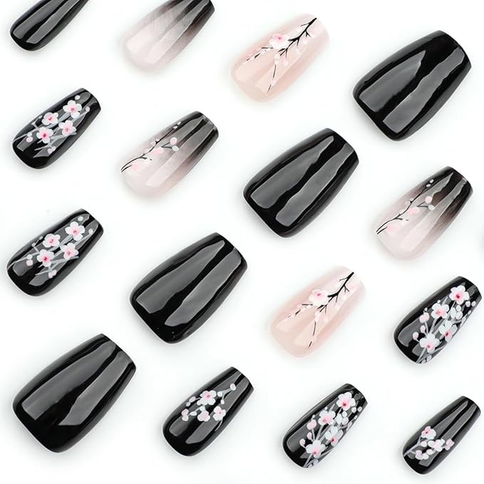Spring Press on Nails Medium Coffin Shape Fake Nails with Black and Pink Cherry Blossom Designs Gradient Ombre Flower Glue on Nails Glossy Finish Artificial Nails for Women Girls, 24Pcs