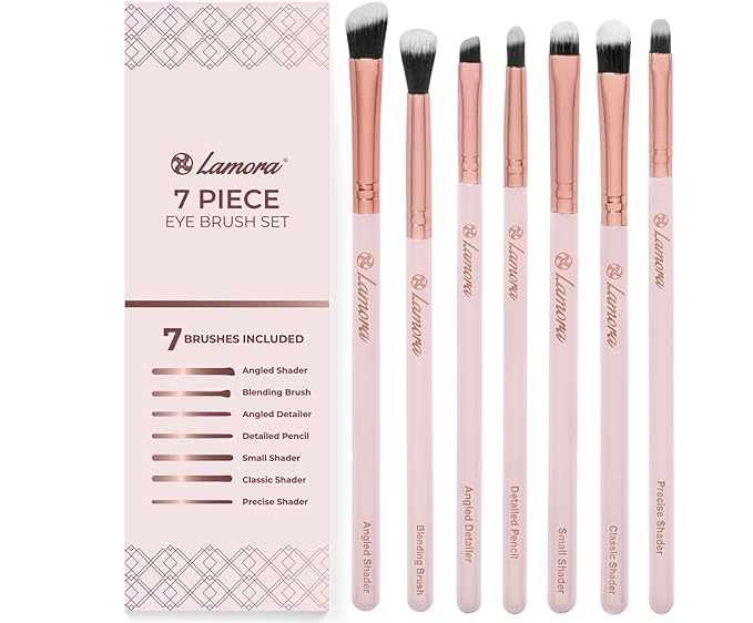 Lamora Eyeshadow Brush Set - Precision Eyeshadow Brushes For Blending Smudging Shading Defining Powdered and Liquid Eye Make-Up - 7Pc Pro Eye Makeup Brushes With Vegan Bristles