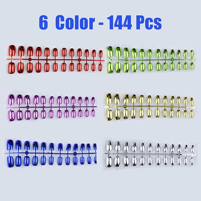 6 Packs (144 Pcs) Chrome Press on Nails Medium Square Fake Nails Metallic False Nails with Designs Glossy Glue on Nails Full Cover Acrylic Stick on Nail Reusable Artificial Nail for Women Manicure