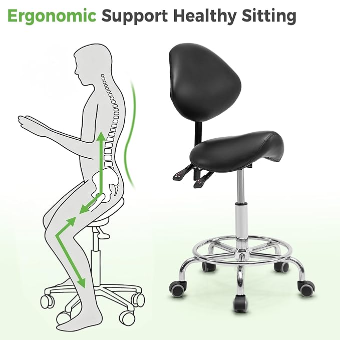 Tatub Saddle Stool, Rolling Stool with Back Support, Ergonomic Saddle Chair, Adjustable Stool with Wheels for Salon, Tattoo, Spa, Dentist, Massage, Office