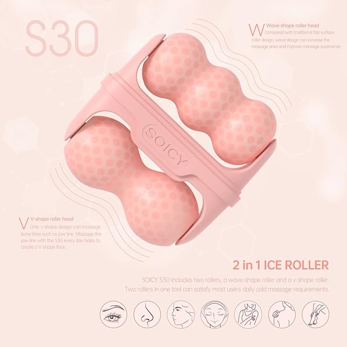 Ice Roller for Face with Gua Sha, Travel ice Roller Cold Therapy Tools, Cold Facial Ice Roller Massager for Eye Puffiness, Migraine, TMJ Pain Relief & Minor Injury (Pink)