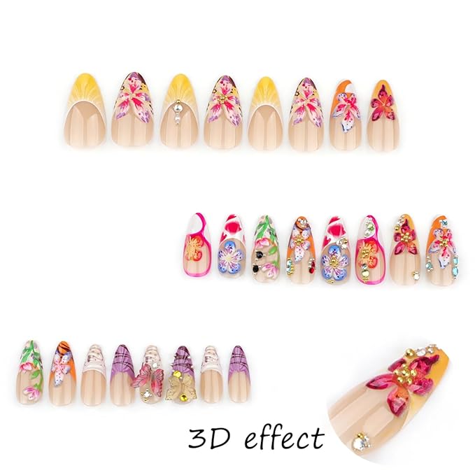 24Pcs Colorful Flower Press on Nails Medium Almond Fake Nails with 3D Handmade Flower Rhinestones Designs Spring Summer Hawaii False Nails Artificial French Tip Glue on Nails for Women Daily Wear