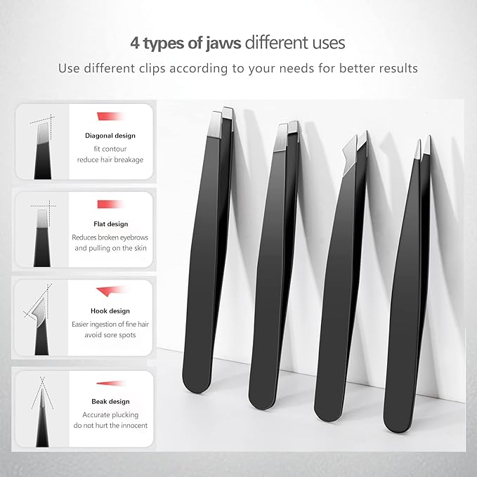 Tweezers Set, High Precision Stainless Steel Eyebrow Tweezers for Facial Hair, Inward Growing Hair and Splinter Remover Kit, Suitable for Women and Men, 4-Piece Set. (Black)