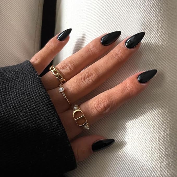 48Pcs Black Press On Almond Shaped Nails - Medium Length, Stiletto, Thick Natural Acrylic Gel Finish