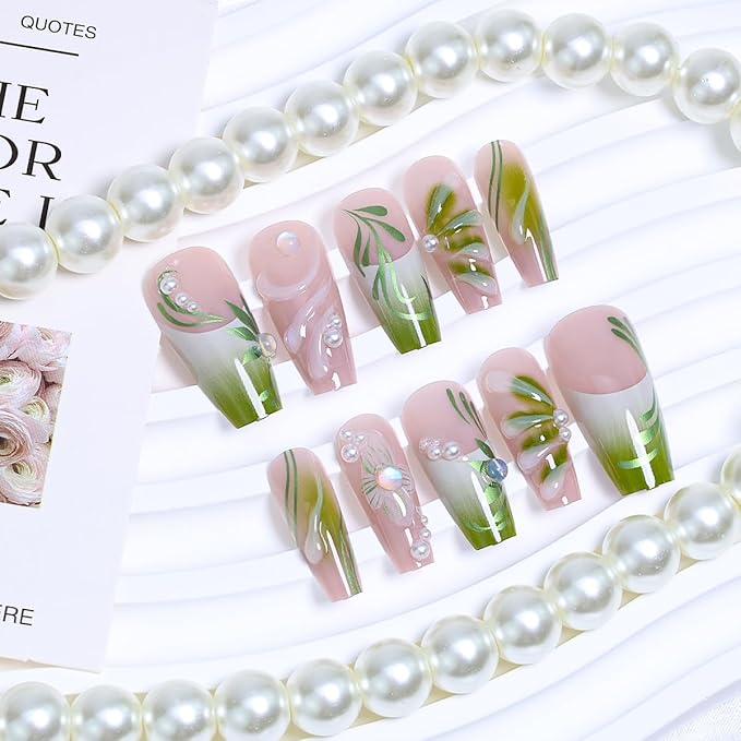 24Pcs Gradient Green Press on Nails Medium French Tip Fake Nails 3D Green Flower Glue on Nails with Pearl Rhinestones False Nails Summer Square Acrylic Nails Handmade Artificial False Nails for Women