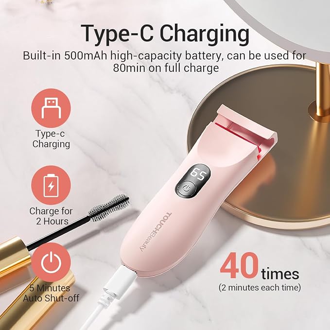 TOUCHBeauty Rechargeable Heated Eyelash Curler with LED Display, Featuring 3-Level Adjustable Temperature for a Natural, Long-Lasting Curl (Up to 24 Hours) AG-2316-Pink