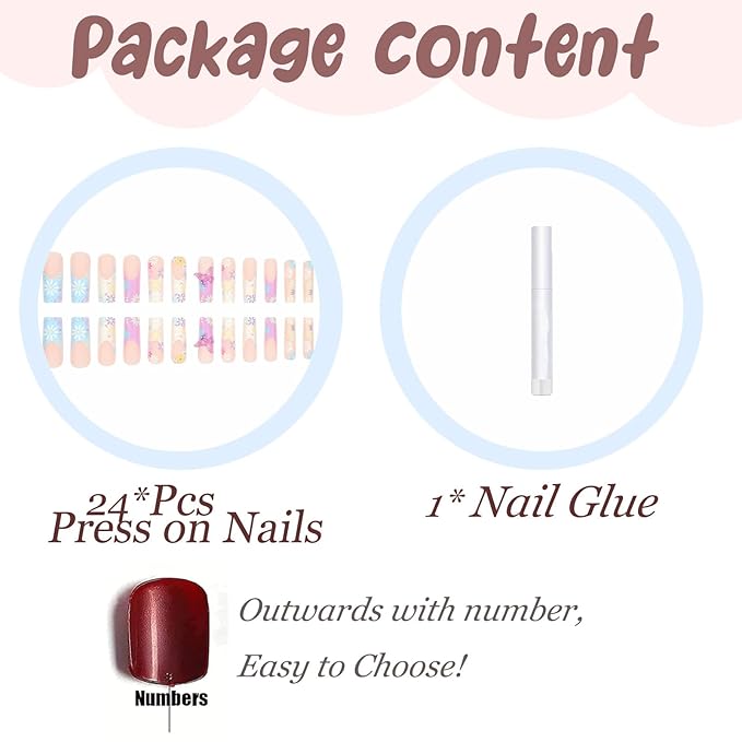 BABALAL Press on Nails Long Square Fake Nails Yellow Purple French Tip Glue on Nails Flower Coquette Acrylic Nails Butterfly Charm False Nails 24Pcs Summer Stick on Gel Nails Squoval Nails