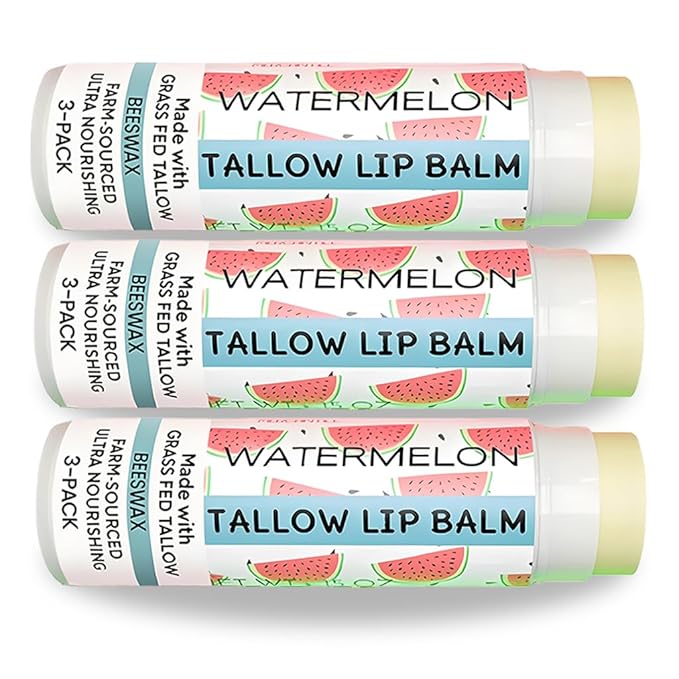 Tallow Lip Balm by Cattle Creek – Organic, All-Natural Ingredients, Long-Lasting Moisture and Hydration for Dry, Cracked, and Chapped Lips, Soothing Formula for Soft Skin (Pack of 3, Watermelon)