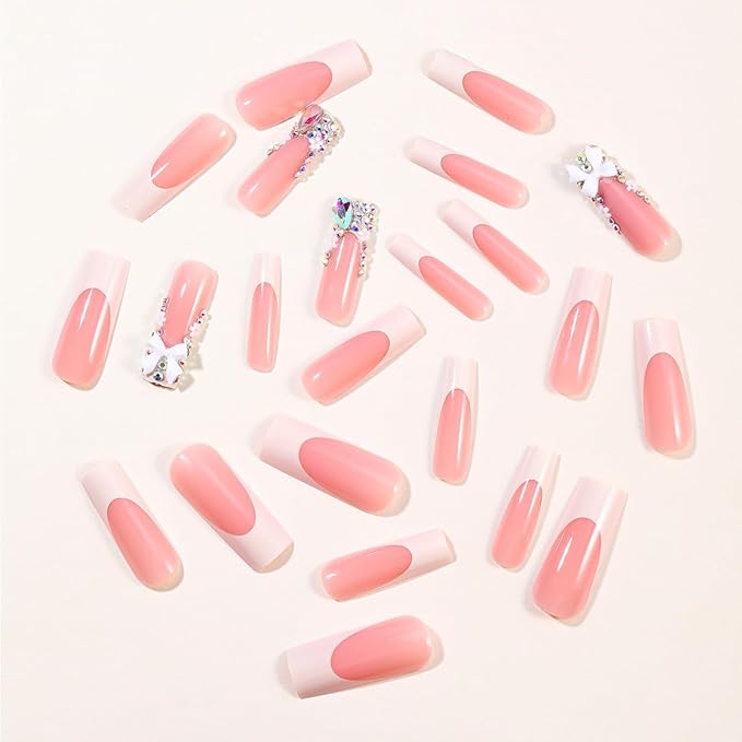 24Pcs Long Square Press on Nails White French Tip Fake Nails with Gem Design Rhinestones Glue on Nails Reusable Bow False Nails Glossy Full Cover Stick on Nails for Women Girls Acrylic Manicure Salon