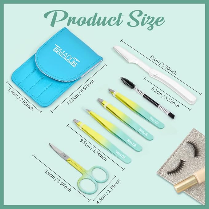 TsMADDTs 7PCS Tweezers Set for Women Facial Hair, Precision Tweezer for Eyebrows with Curved Scissor and Eyebrow Razor for Ingrown Hair, Yellow&Green