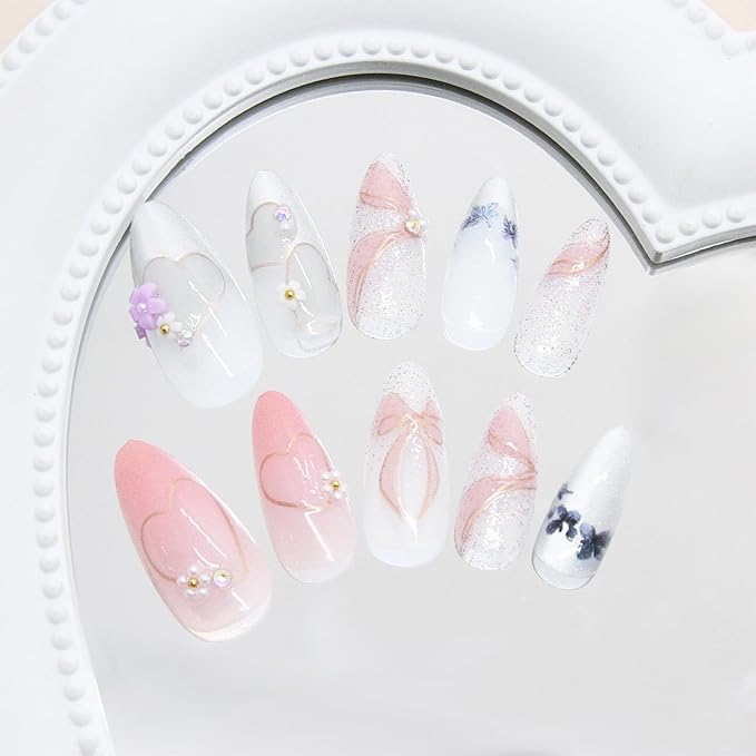 24pcs Pink Press on Nails Medium Almond Fake Nails with Small Flower Rhinestones Pearl Designs French False Nails Bow Stick on Nails Summer Floral Acrylic Nail Tips Full Cover Glue on Nails for Women