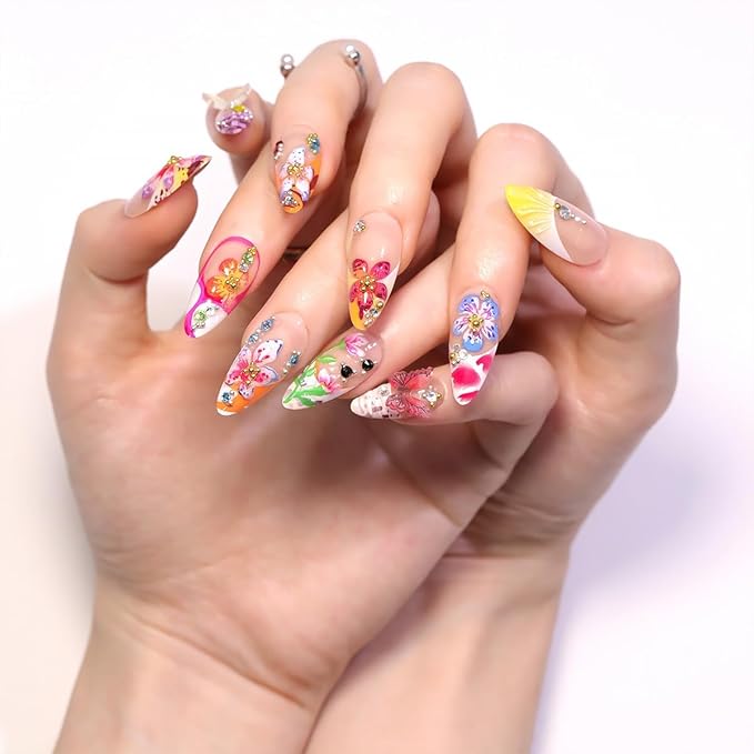 24Pcs Colorful Flower Press on Nails Medium Almond Fake Nails with 3D Butterfly Rhinestones Design Handmade False Nails Spring Summer Acrylic Nails Cute Floral Nails Stick on Nails for Women