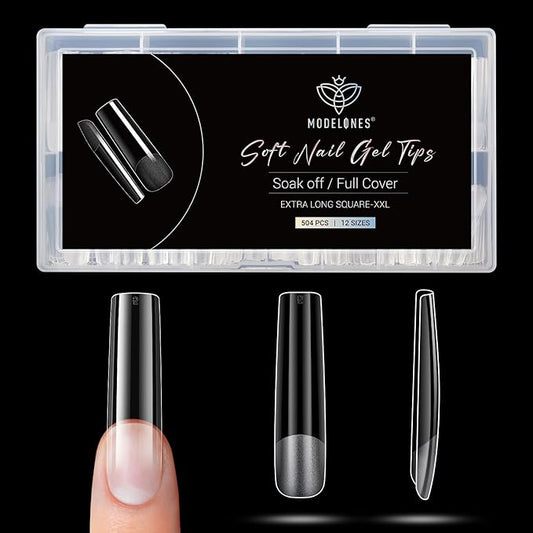 Modelones Long Square XXL Fake Nail Tips - 504Pcs Gel Tips Pre-shaped Half Matte Full Cover Clear Acrylic Gel Kit False Press on Nails for Extension DIY Salon 12Sizes