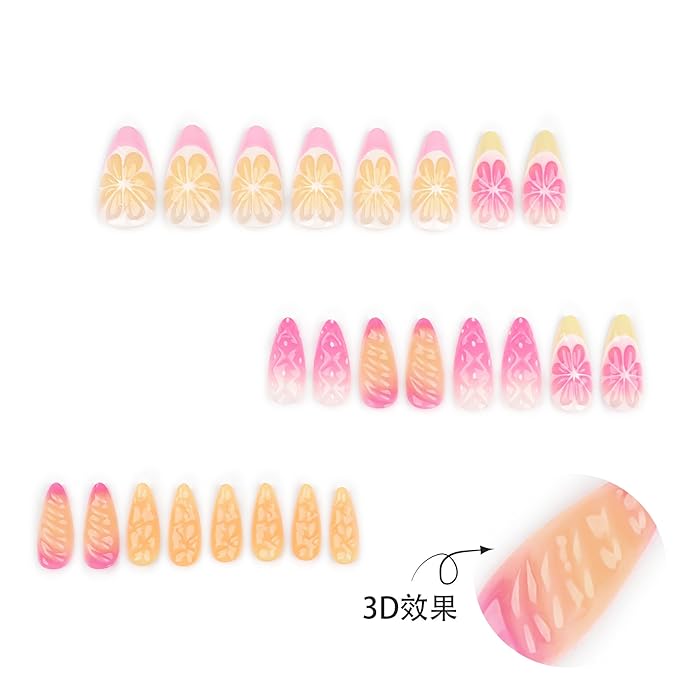 Handmade 3D Fruit Orange Press On Nails Medium Almond, 3D Ananas Grapefruit French Tip Designer Reusable Acrylic Fake Nails With Glue On Nails, Nails Press Ons Daily Wear For Women Gift