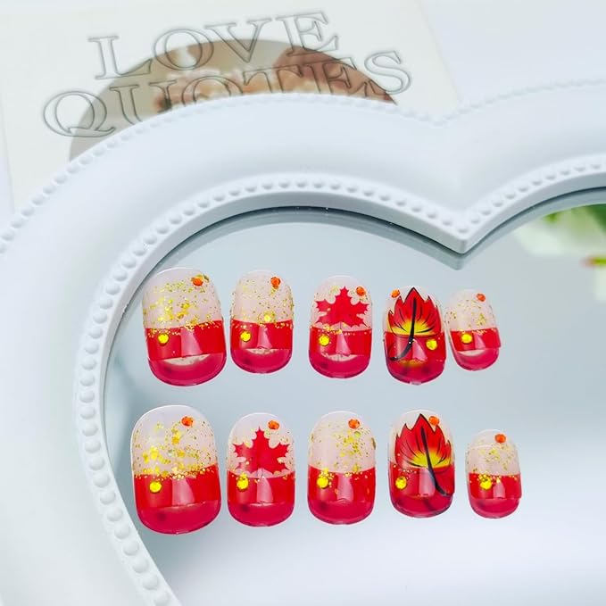 24Pcs Fall Press on Nails Short Square NEWSPIED French Tip Fake Nails with Red Gold Glitter & Maple Leaf Designs Reusable Full Cover Glue on Nails Autumn Thanksgiving Stick on Nails for Women Manicure