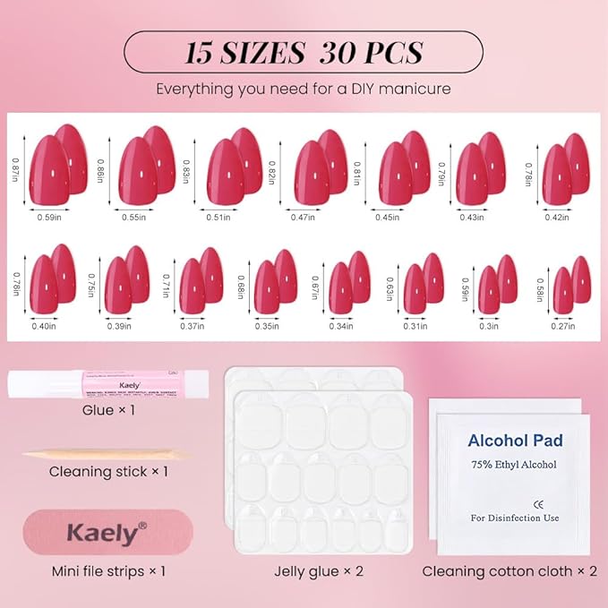 evpct Glossy Press on Nails Short Almond Short for Women, Red Fake Nail with Glue Salon Quality Reusable Stick on Nails In 15 Sizes 30Pcs Full Cover False Nail Soft Gel Set Kit for Gift, 21