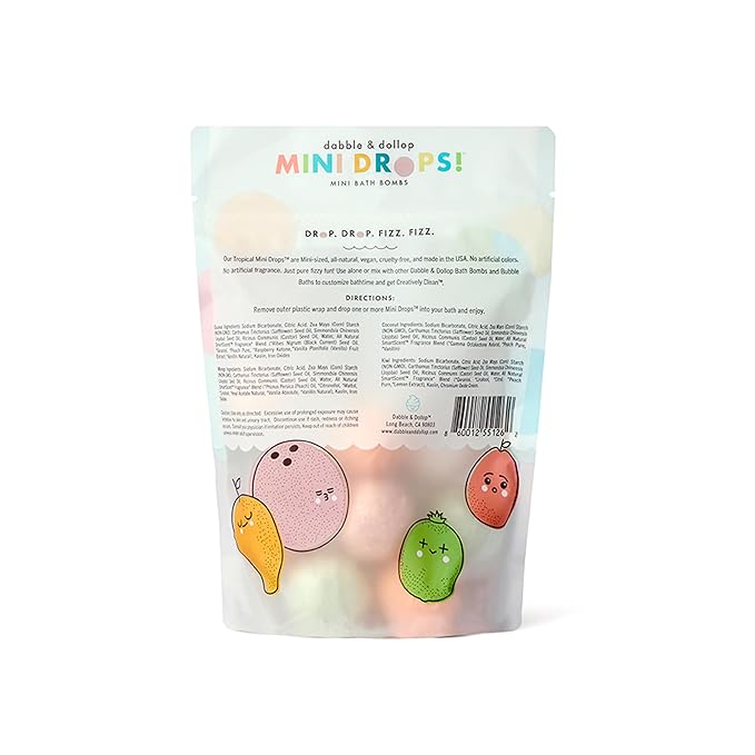 Dabble & Dollop Mini Bath Bombs, 100% Natural Droplets for Kids, Tropical Scents - Resealable Pouches, Fizzy, Moisturizing & Fun, Vegan, Gluten-Free, Cruelty-Free (Set of 24)