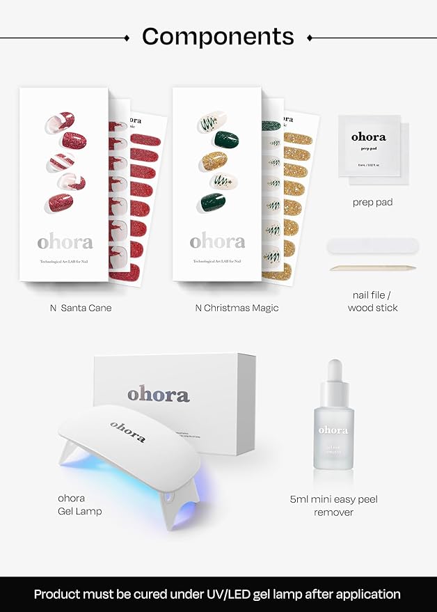 ohora Semi Cured Gel Nail Strips ([2025 Christmas Set] N Santa Cane & N Christmas Magic) - Works with Any Lamps, Salon-Quality, Long Lasting, Easy to Apply & Remove