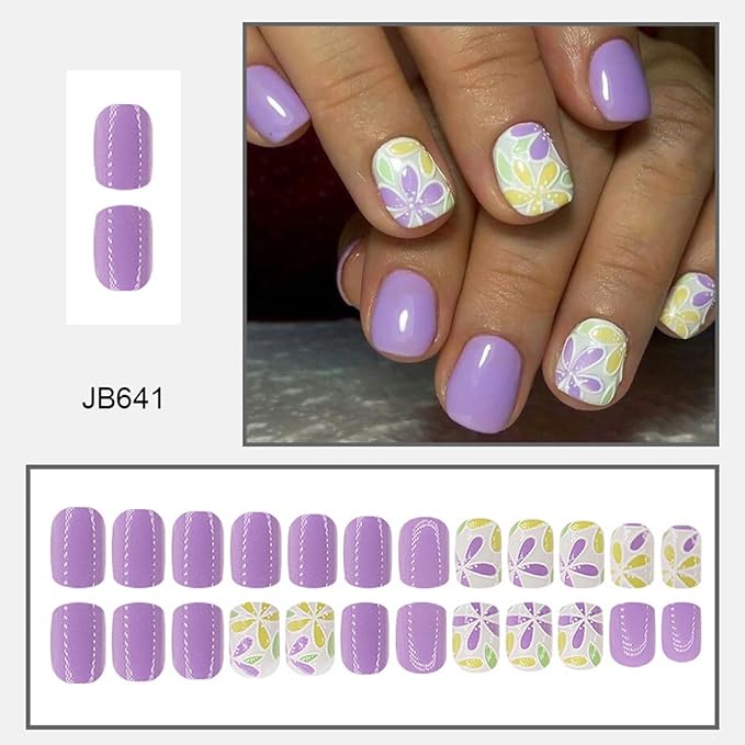 24Pcs Flower Press on Nails Short Square Fake Nails with Purple Yellow Flower Design Glossy Full Cover Artificial Glue on Nails Spring Summer Stick on Nails Cute Artificial Nails for Women Nails Kit