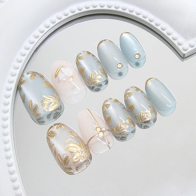 24Pcs Gold Flower Press on Nails Short Square Blue Fake Nails Gilded Floral with Rhinestones Glitter Designs Full Cover Cute Stick on Nails Spring Summer False Nails for Women Girls Acrylic Nails